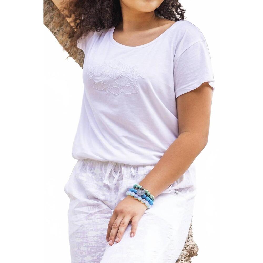 NEW WEST INDIES WEAR embroidered school of fish t-shirt in white